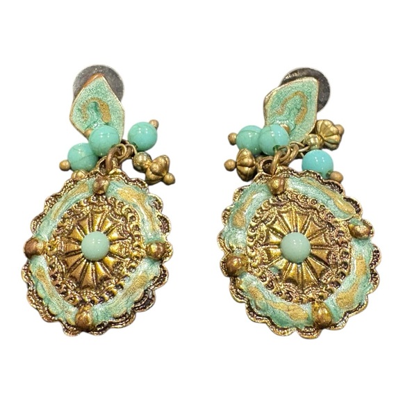 Vintage Gold Tone Turquoise Beaded Medallion Drop Earrings Boho Chic J19 - Picture 2 of 3